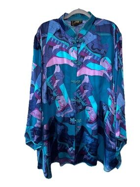 Vintage Silk Art Deco Face Blouse 2X Abstract Blouse Wearable Art Oversized